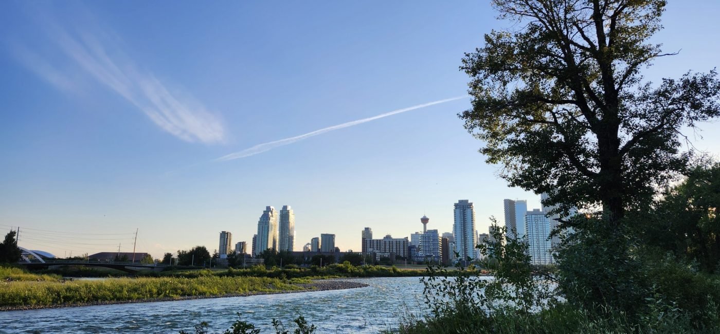 a view of the calgary skyline at golden hour, from accross te bow river